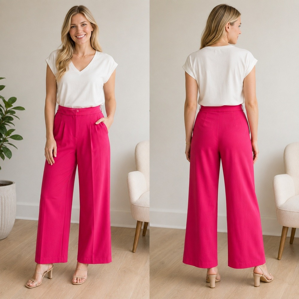 Carole Wren Womens Fuchsia Pink Wide Leg Pleated Trousers Size 8 NWT